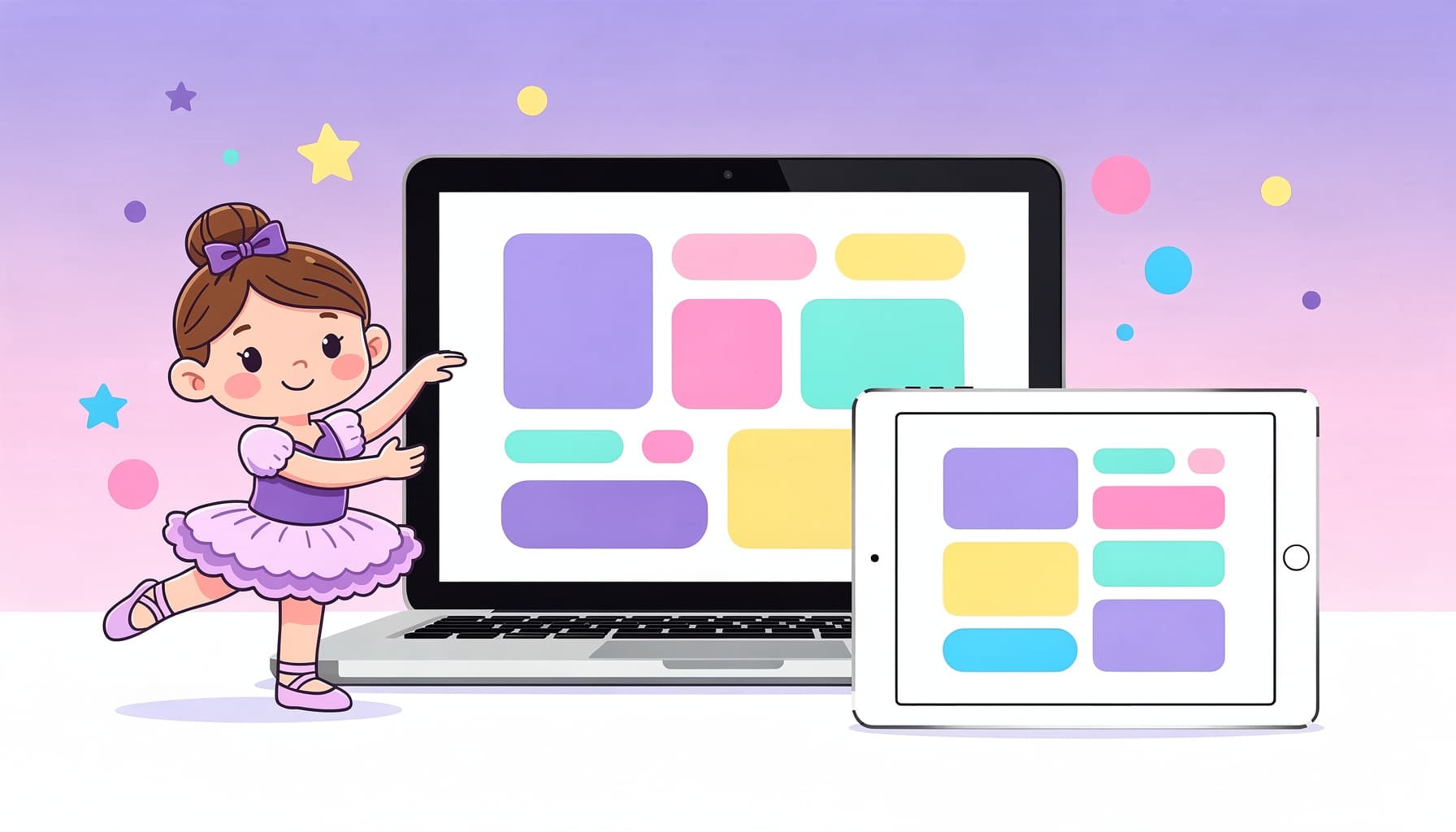Dance school website on devices with cartoon ballerina