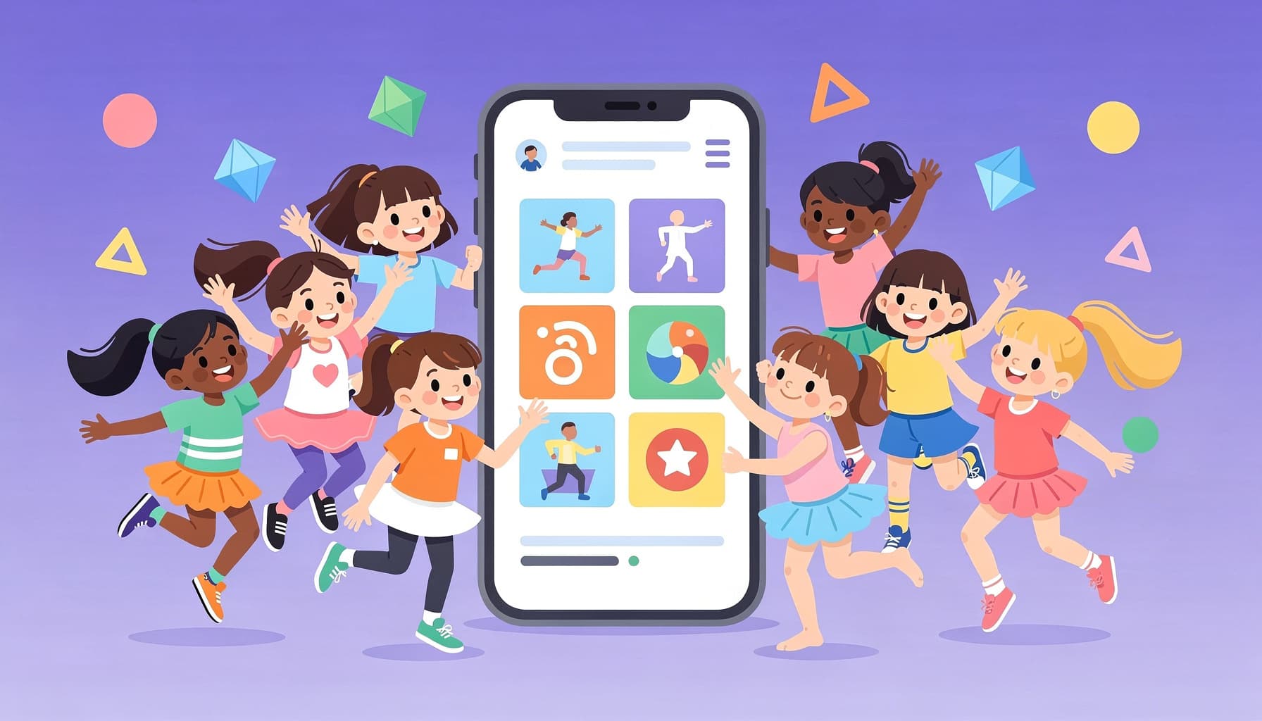 Cartoon dance students celebrating around a smartphone